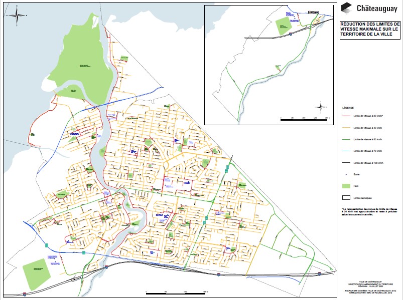 Carte des rues indiquant les limites de vitesse à Châteauguay